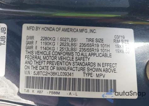 2019 Acura Rdx Standard z USA, uszkodzony, nr VIN 5J8TC2H38KL039341